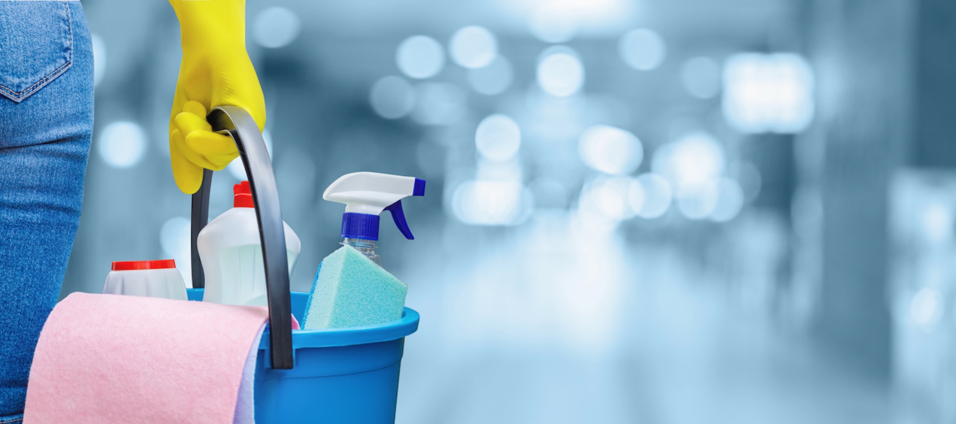carrying a bucket with cleaning material